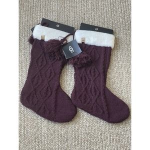 2 UGG Lita Chenille Knit Christmas Stockings with Tassles & Faux Fur in Cabernet